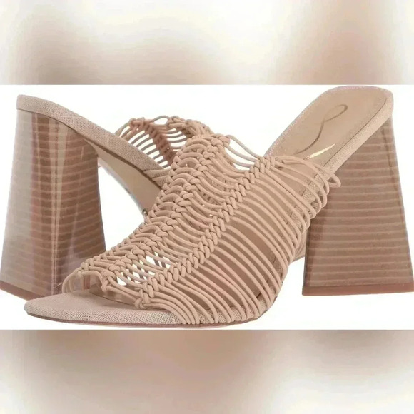 Sam Edelman Womens Slide Sandals Heeled Macrame Nude Beige Block Heel Sz.‎ 9 NEW - Picture 1 of 8